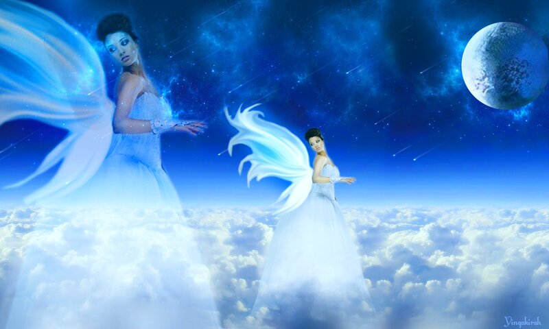 Woman with Angel Wings — Blue, Serene, Night, Digital Art, Clouds