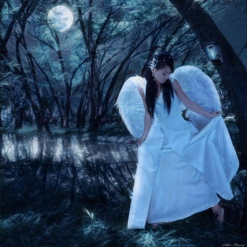 Woman with Angel Wings — Blue, Serene, Night, Digital Art, Moon