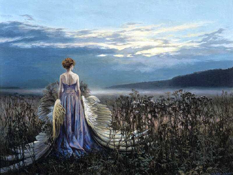 Woman with Angel Wings — Blue, Serene, Sunset, Painting