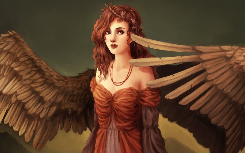 Woman with Angel Wings — Brown, Dramatic, Digital Art, Dress