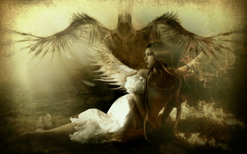 Woman with Angel Wings — Brown, Dramatic, Digital Art, Fire