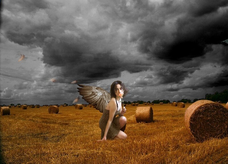 Woman with Angel Wings — Brown, Dramatic, Digital Art, Hay Bales