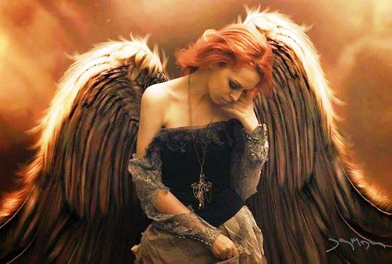 Woman with Angel Wings — Brown, Dramatic, Digital Art, Necklace