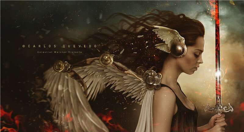 Woman with Angel Wings — Brown, Dramatic, Digital Art, Sword