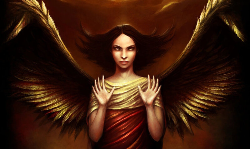 Woman with Angel Wings — Brown, Dramatic, Digital Art