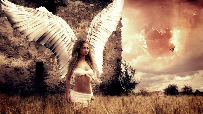Woman with Angel Wings — Brown, Dramatic, Sunset, Digital Art, Ruins