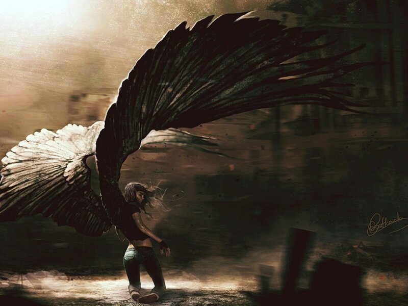 Woman with Angel Wings — Brown, Dramatic, Sunset