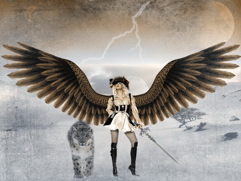 Woman with Angel Wings — Brown, Dramatic, Winter