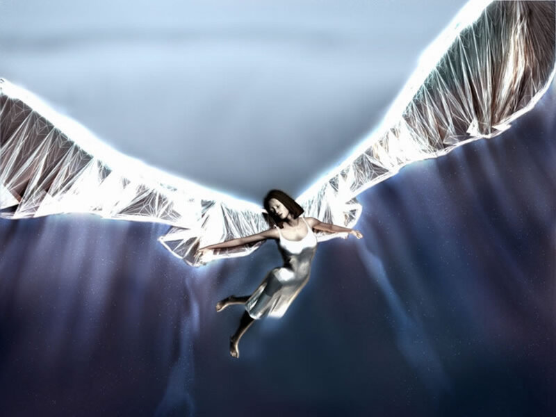 woman with angel wings flying