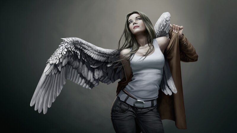 Woman with Angel Wings — Gray, Dramatic, Digital Art, Coat