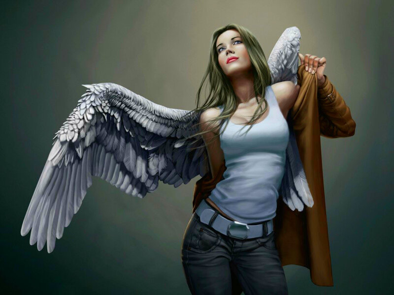 Woman with Angel Wings — Gray, Dramatic, Digital Art, Jacket