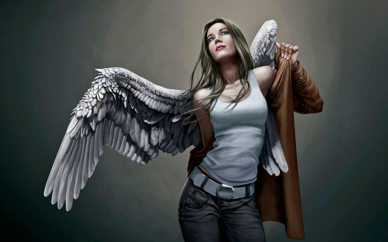 Woman with Angel Wings — Gray, Dramatic, Digital Art, Tank Top