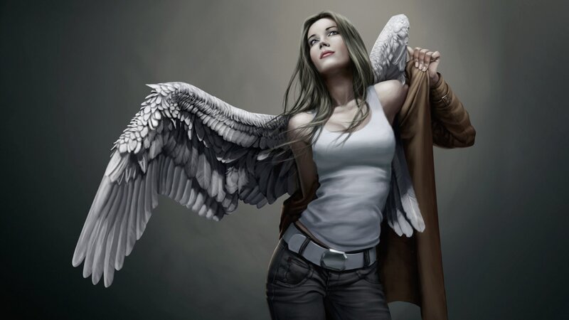 Woman with Angel Wings — Gray, Dramatic, Digital Art, White Tank Top