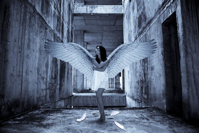Woman with Angel Wings — Gray, Dramatic, Photograph