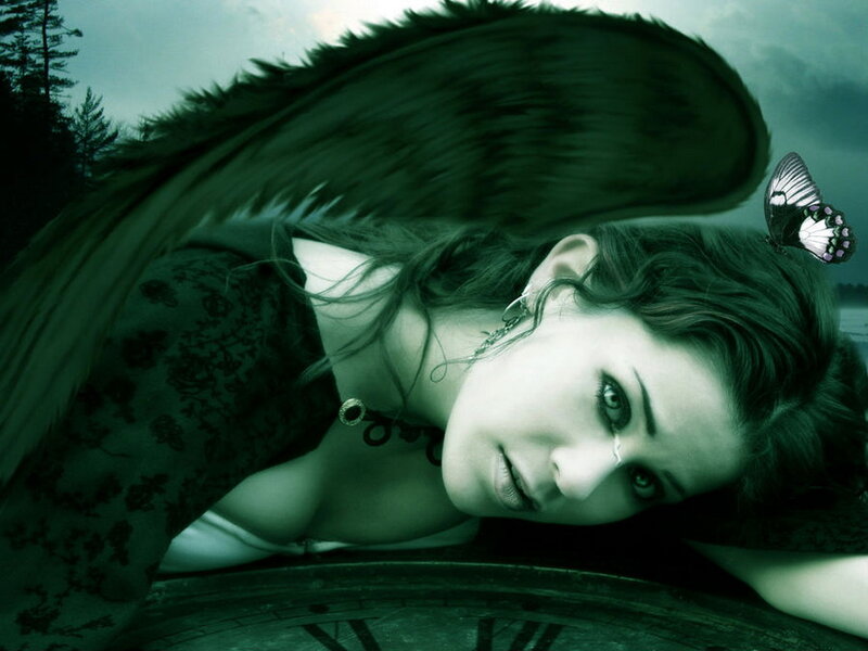 Woman with Angel Wings — Green, Dramatic, Digital Art, Butterfly