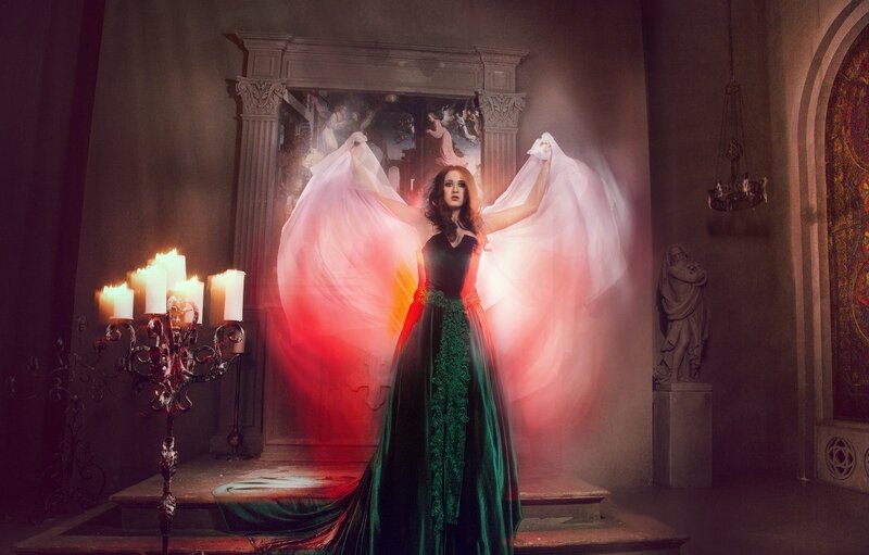 Woman with Angel Wings — Green, Dramatic, Night, Digital Art, Candlestick