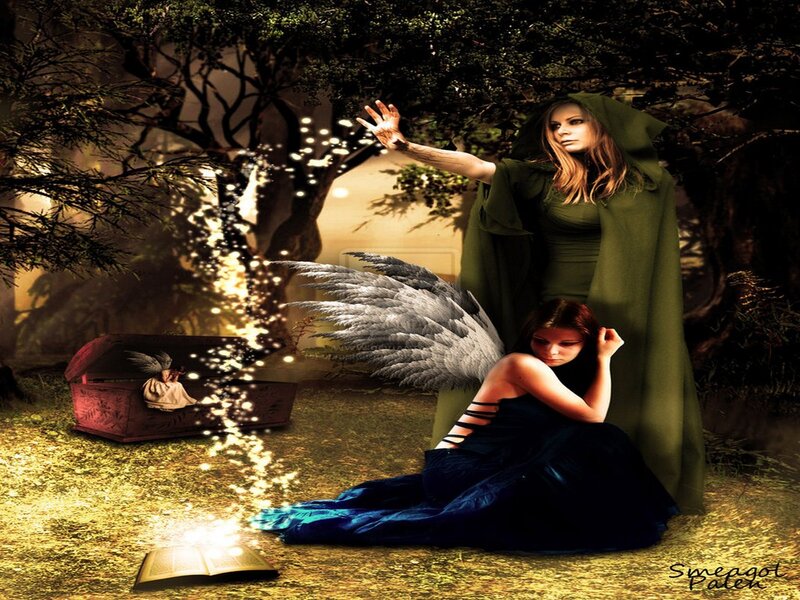 Woman with Angel Wings — Green, Dramatic, Night, Digital Art, Chest