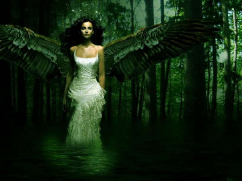 Woman with Angel Wings — Green, Dramatic, Night