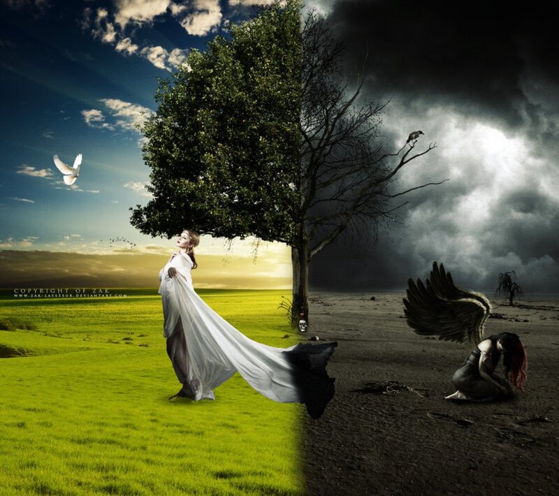Woman with Angel Wings — Green, Dramatic, Sunset, Digital Art