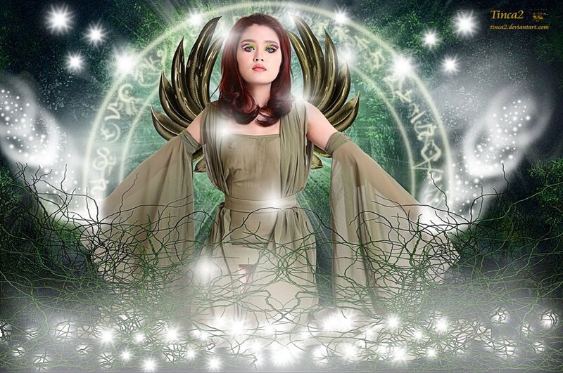Woman with Angel Wings — Green, Mystical, Night