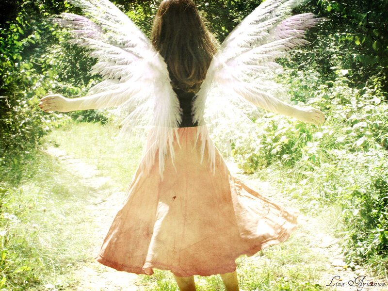 Woman with Angel Wings — Green, Serene, Afternoon