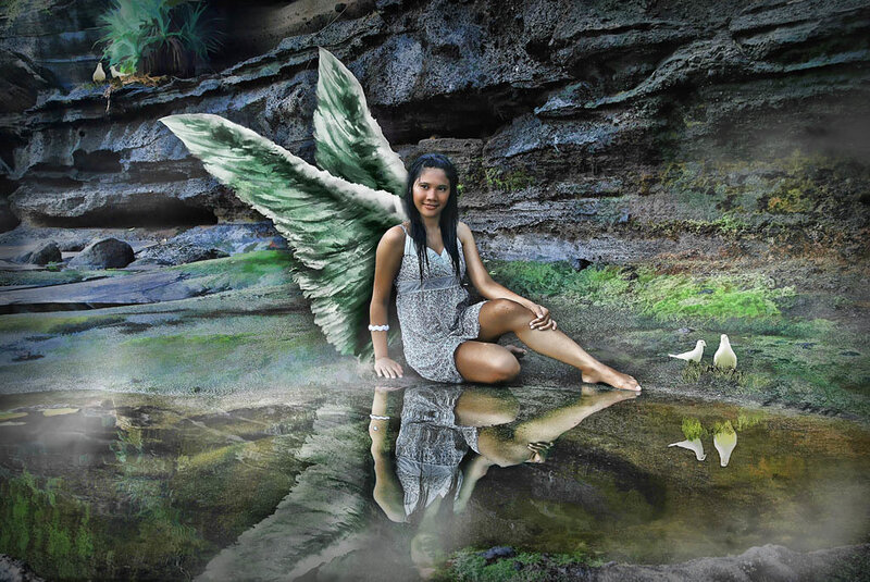 Woman with Angel Wings — Green, Serene, Digital Art