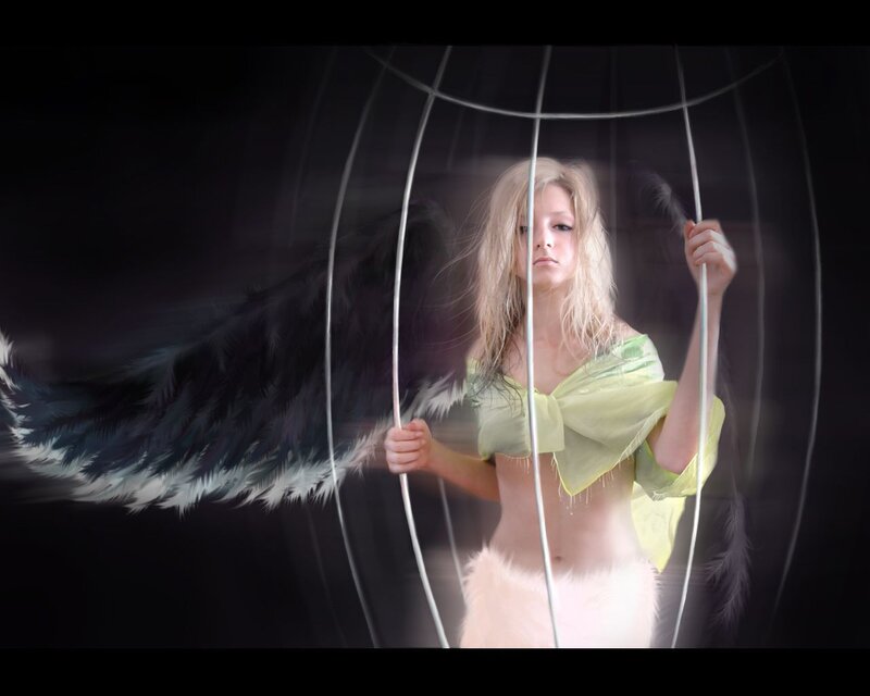 woman with angel wings in cage