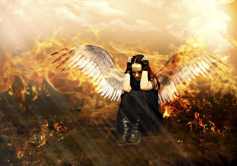Woman with Angel Wings — Orange, Dramatic, Digital Art