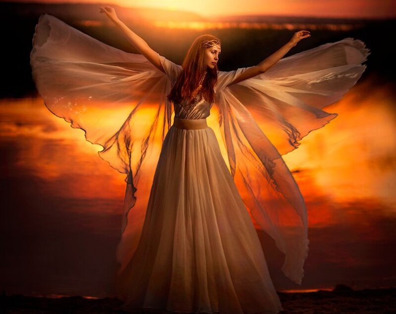 Woman with Angel Wings — Orange, Dramatic, Sunset