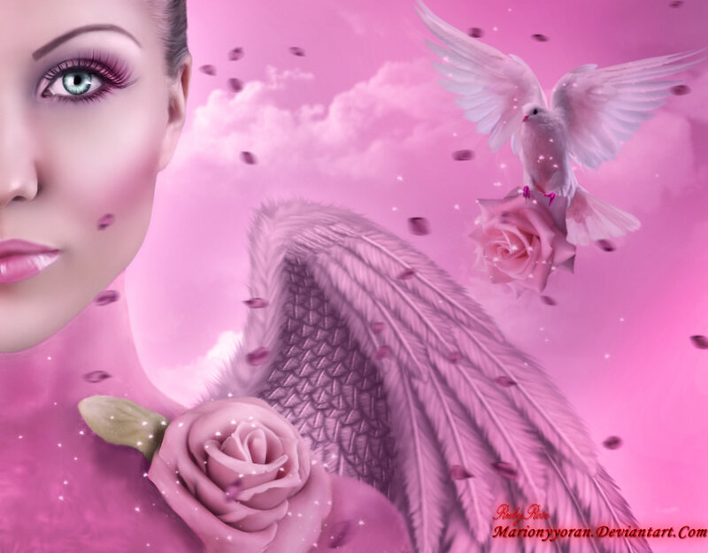 Woman with Angel Wings — Pink, Serene, Digital Art, Dove