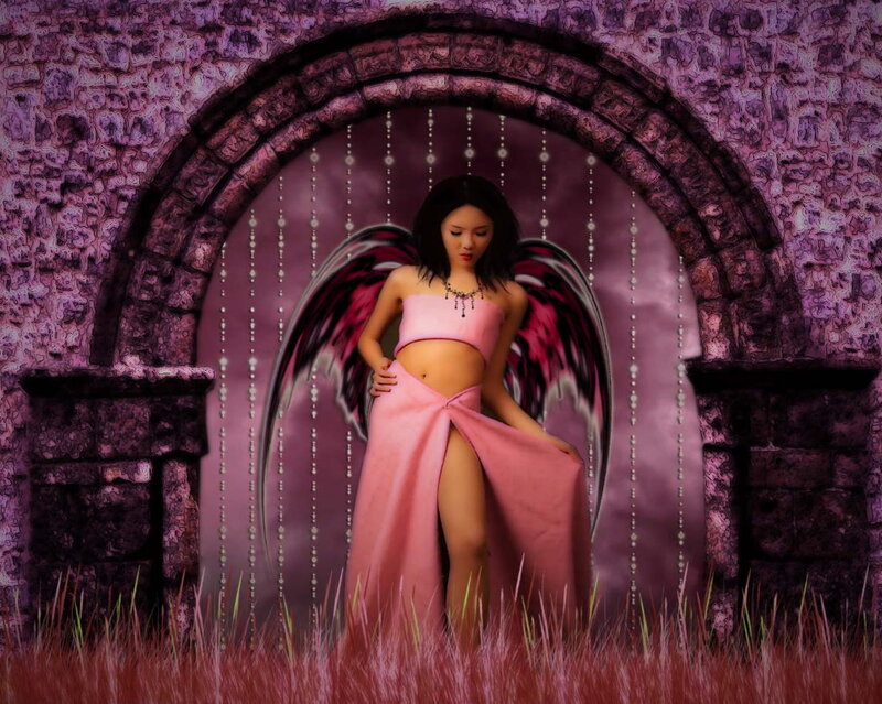 Woman with Angel Wings — Purple, Dramatic, Digital Art, Archway