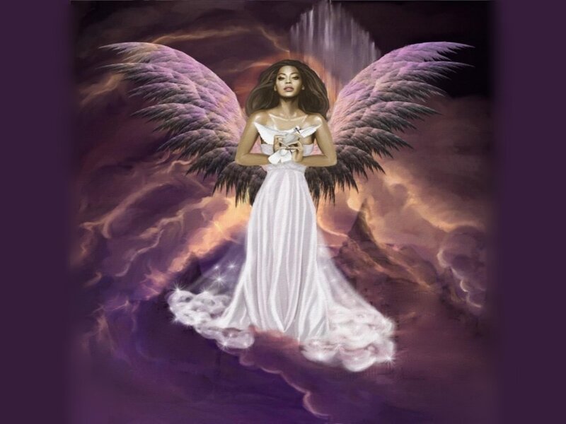 Woman with Angel Wings — Purple, Dramatic, Digital Art