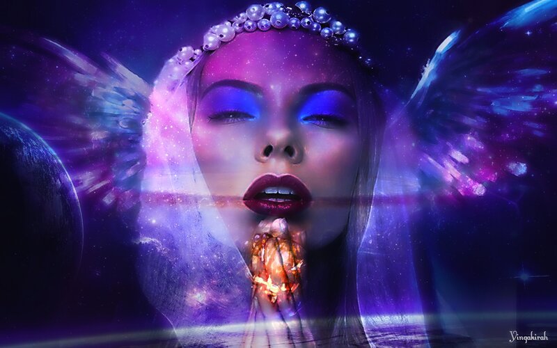Woman with Angel Wings — Purple, Dramatic, Night, Digital Art, Crown