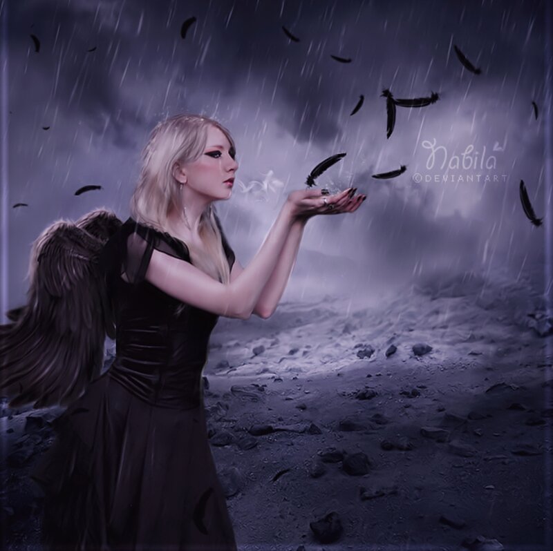 Woman with Angel Wings — Purple, Dramatic, Night, Digital Art, Feathers