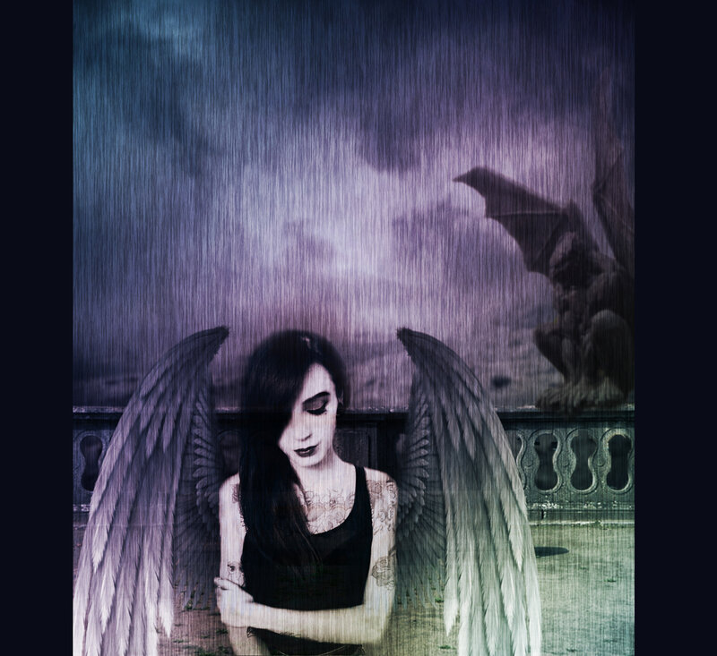 Woman with Angel Wings — Purple, Dramatic, Night, Digital Art, Gargoyle