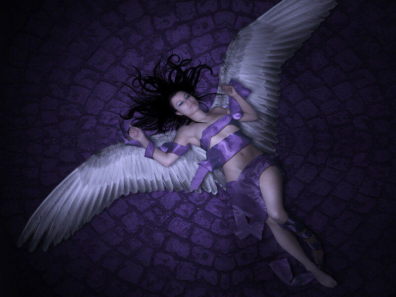 Woman with Angel Wings — Purple, Dramatic, Night, Digital Art, Purple Dress