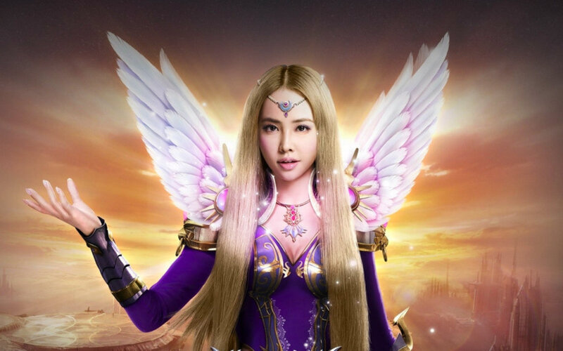 Woman with Angel Wings — Purple, Dramatic, Sunset