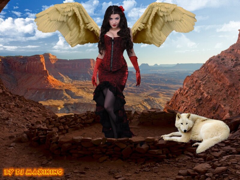 Woman with Angel Wings — Red, Dramatic, Afternoon