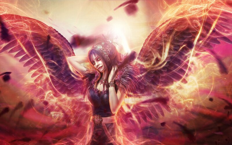 Woman with Angel Wings — Red, Dramatic, Digital Art, Crown