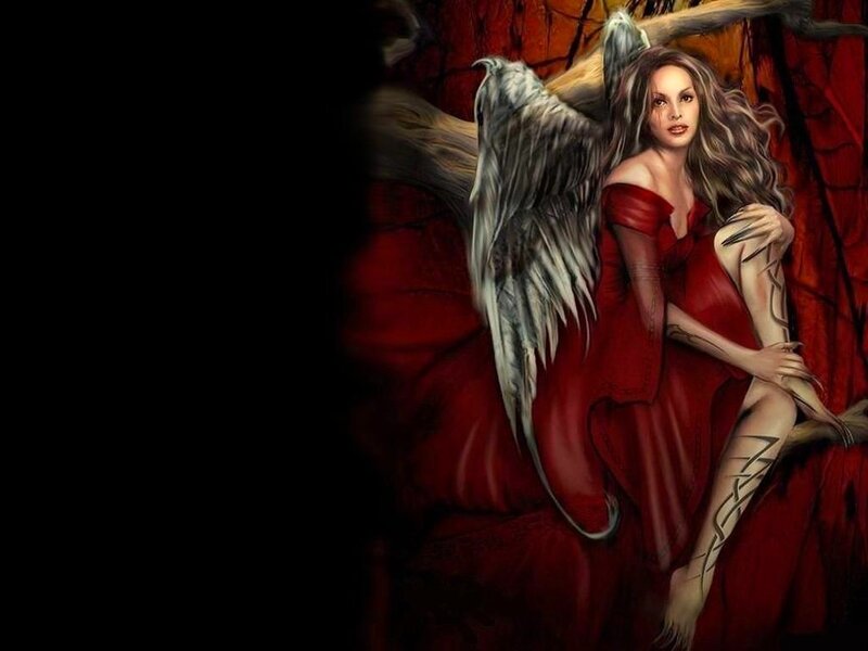 Woman with Angel Wings — Red, Dramatic, Digital Art, Dress