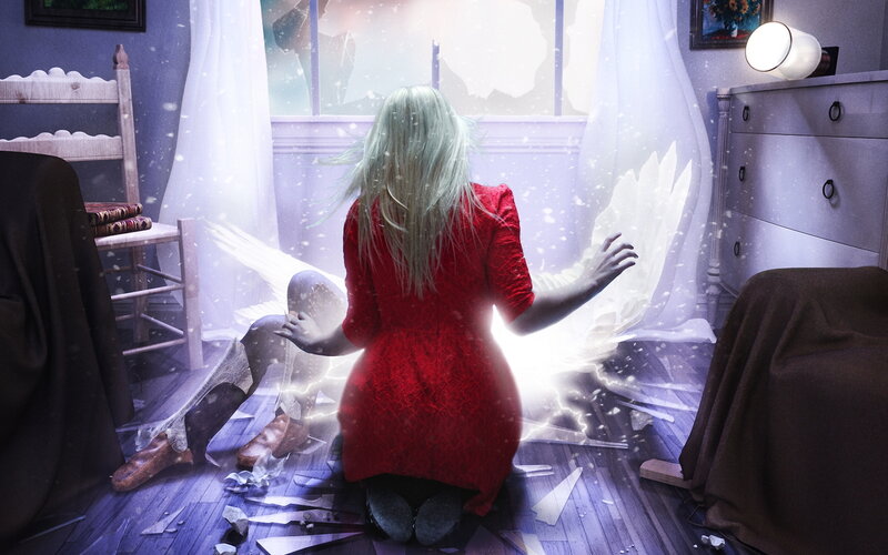 Woman with Angel Wings — Red, Dramatic, Digital Art, Red Dress, Broken Window