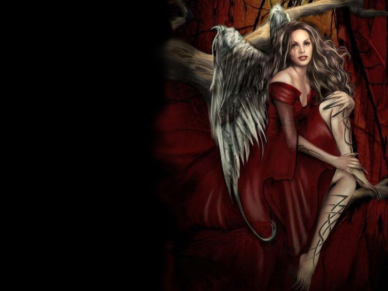 Woman with Angel Wings — Red, Dramatic, Digital Art, Red Dress