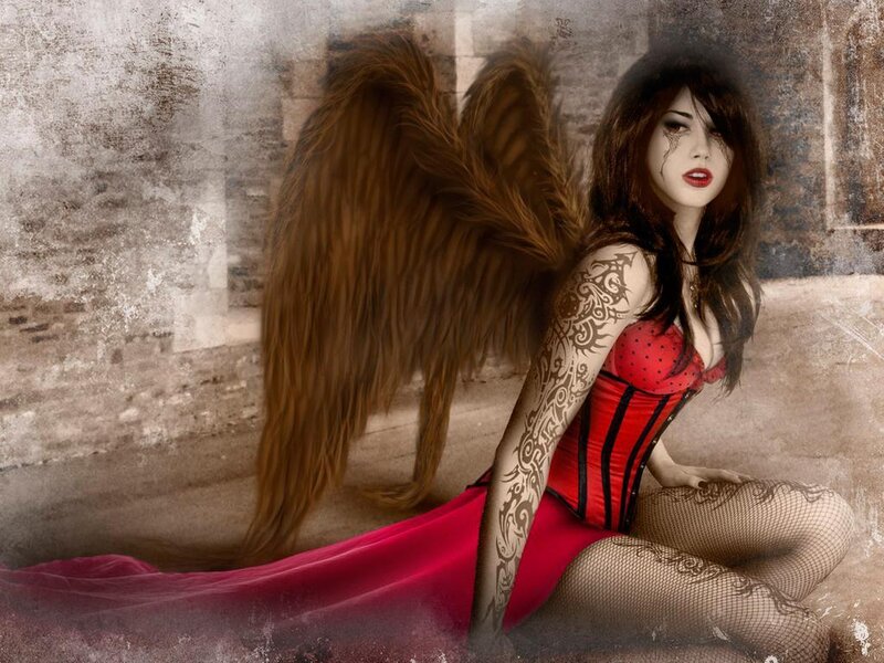 Woman with Angel Wings — Red, Dramatic, Digital Art, Tattoos
