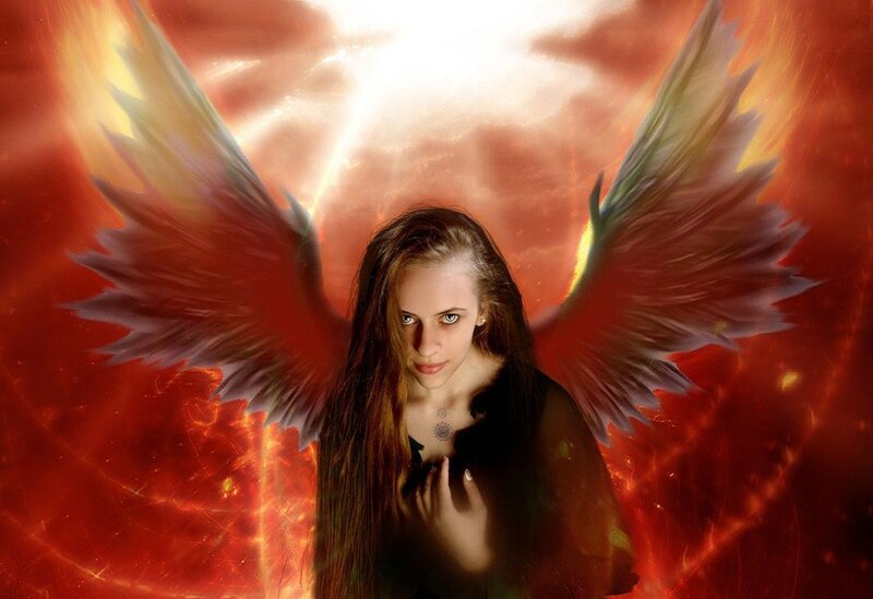 Woman with Angel Wings — Red, Dramatic, Digital Art