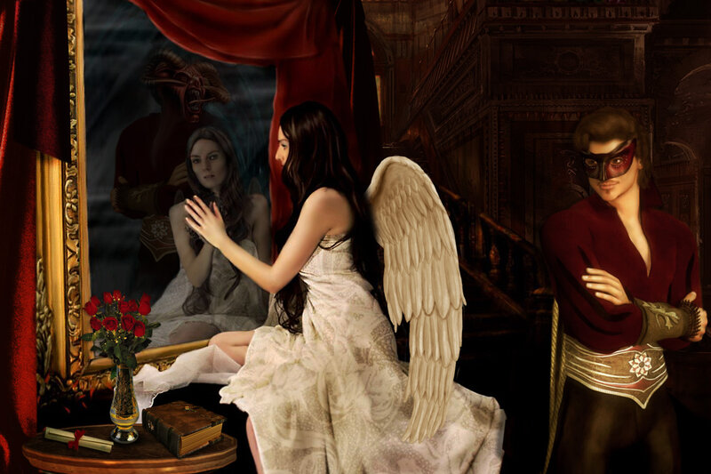 Woman with Angel Wings — Red, Dramatic, Night, Digital Art