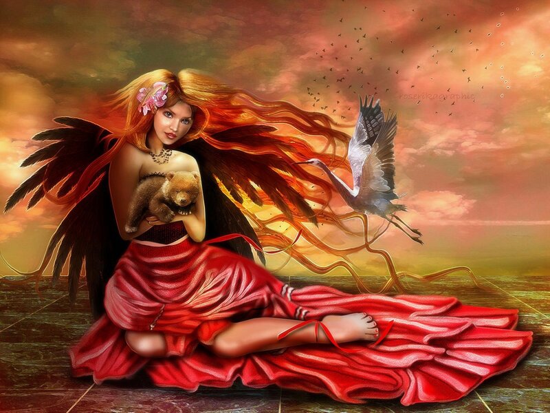 Woman with Angel Wings — Red, Dramatic, Sunset