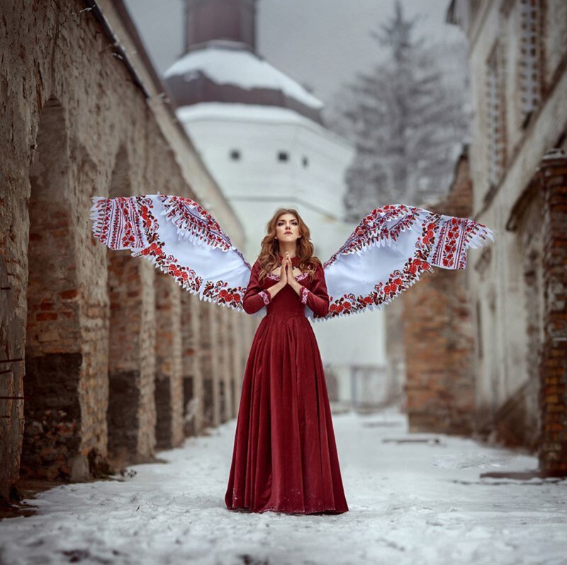 Woman with Angel Wings — Red, Serene