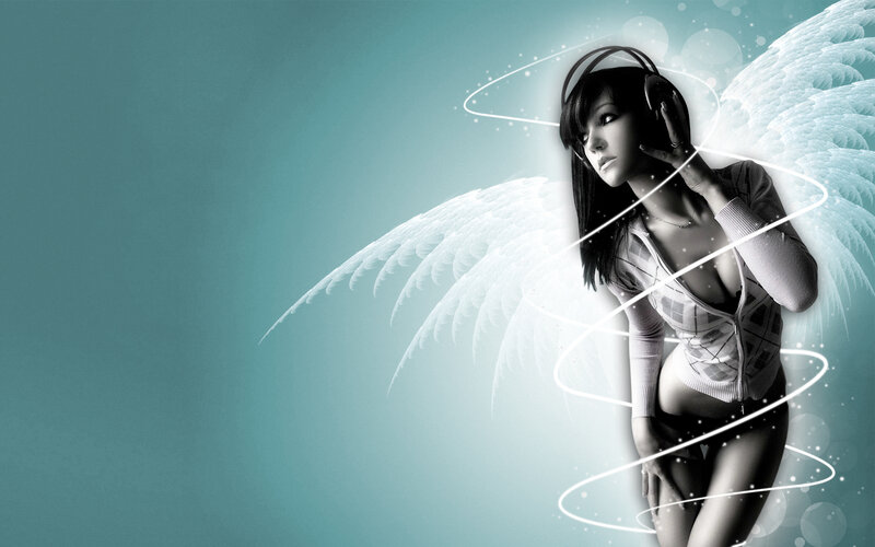 Woman with Angel Wings — Teal, Dramatic, Digital Art