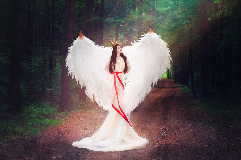 Woman with Angel Wings — White, Dramatic, Afternoon, Photograph, Forest Path