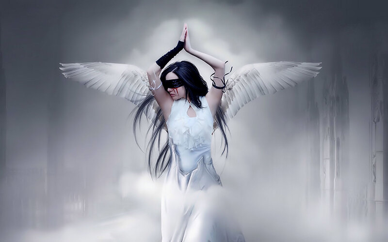 Woman with Angel Wings — White, Dramatic, Digital Art, Blindfold